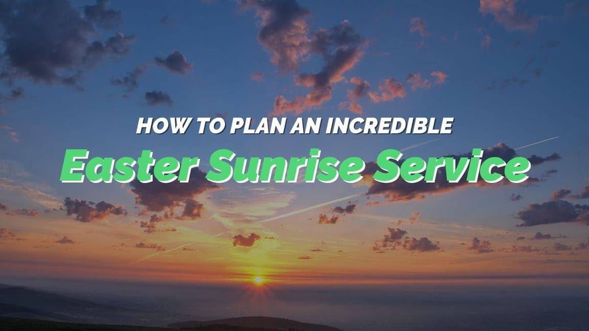 Easter sunrise service at dawn with congregation gathered outdoors for worship