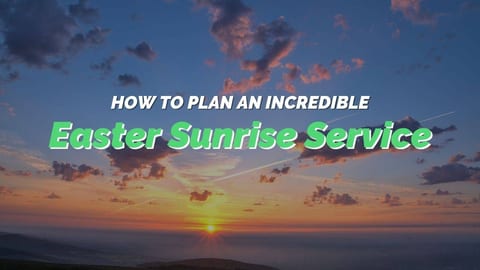 Easter sunrise service at dawn with congregation gathered outdoors for worship