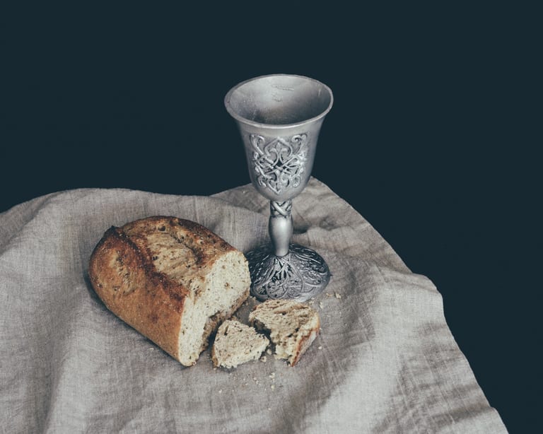 Communion elements of bread and wine prepared for a Good Friday church service
