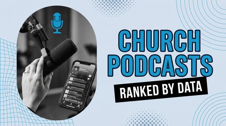 Church podcasts ranked by data - hand adjusting a podcast microphone next to a phone showing a podcast app