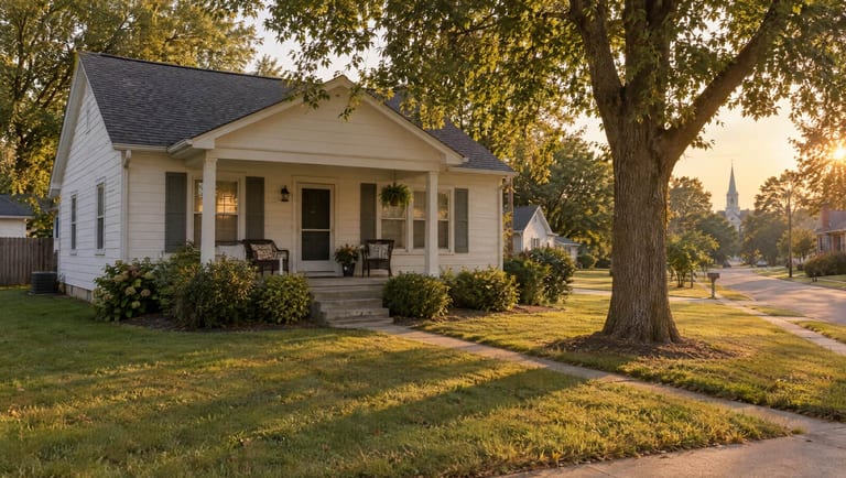 A modest white parsonage home with a front porch in warm afternoon light, a church steeple down the street