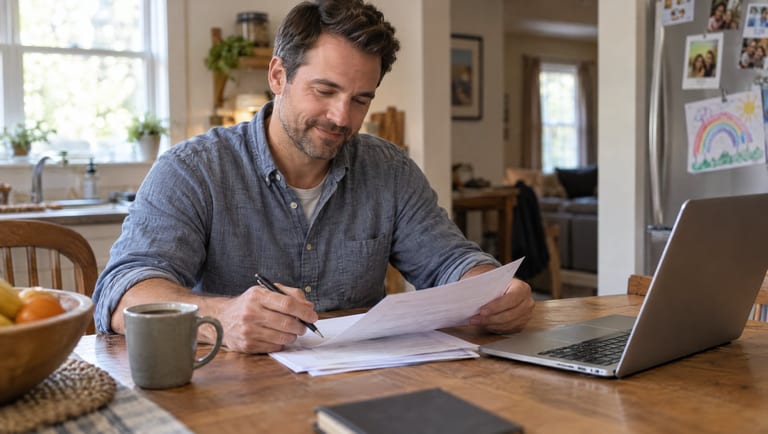 A pastor at his kitchen table reviewing housing allowance paperwork next to a laptop