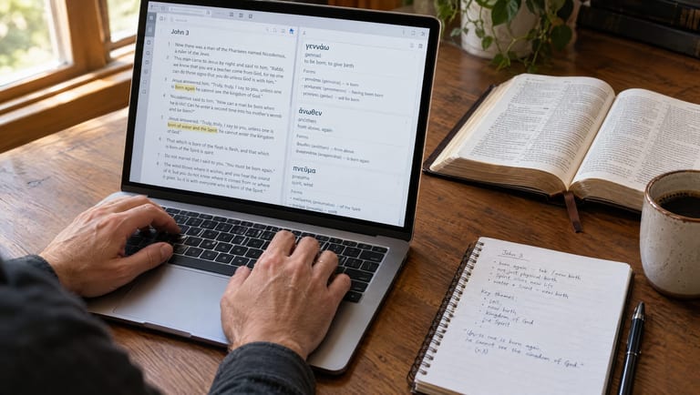 Hands on a laptop using Bible study software next to an open Bible and notebook