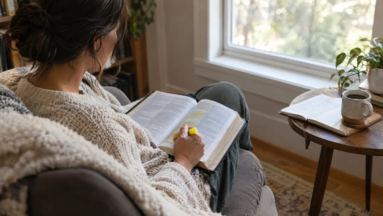 A person studying an open Bible with a journal, highlighter, and cup of coffee by a window
