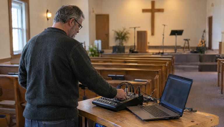 A church volunteer adjusting a small soundboard and laptop at the back of a modest sanctuary