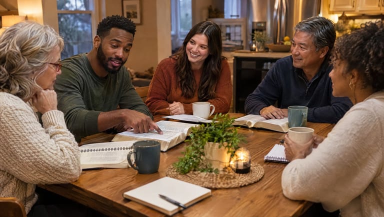 A small group Bible study gathered around a table with open Bibles and coffee