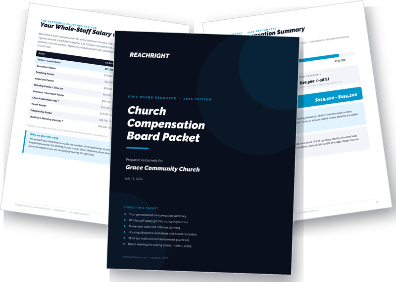 Preview of the 12-page Church Compensation Board Packet: dark cover with two personalized benchmark pages fanned behind it