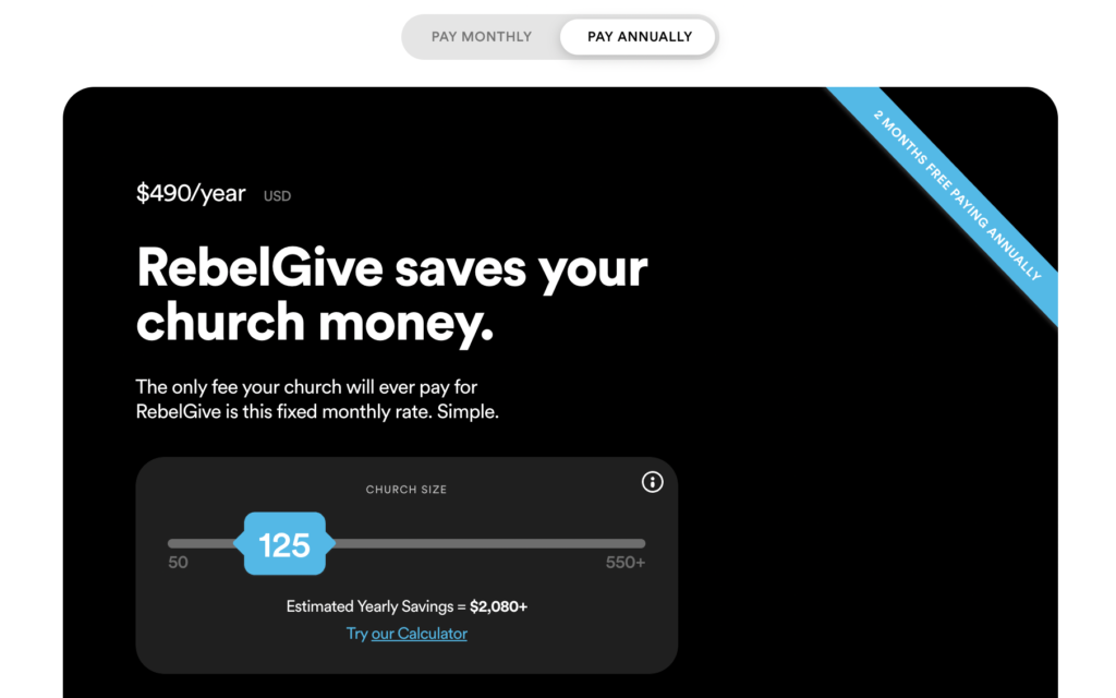 RebelGive Online Giving Pricing - No Rev Share